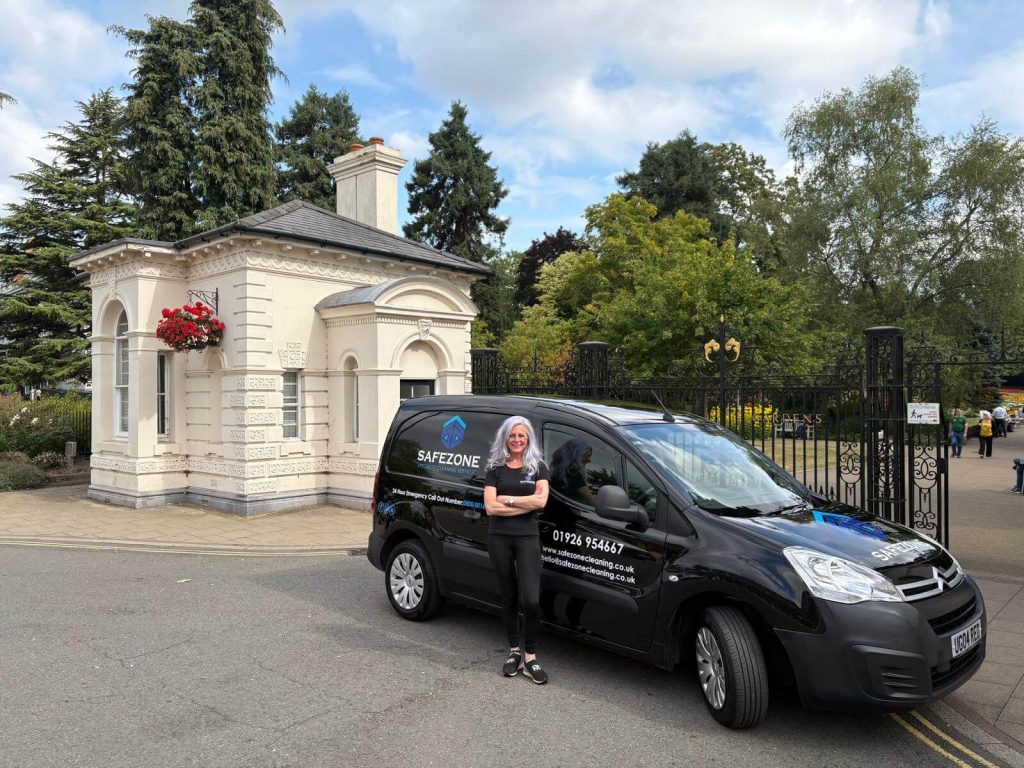 Safezone cleaning services van parked outside entrance to Jephson Gardens, Leamington