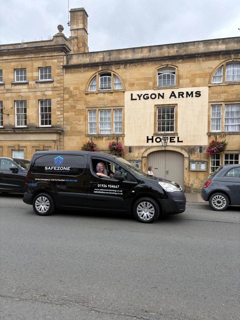 Safezone cleaning services van outside Lygon Arms, Cotswolds